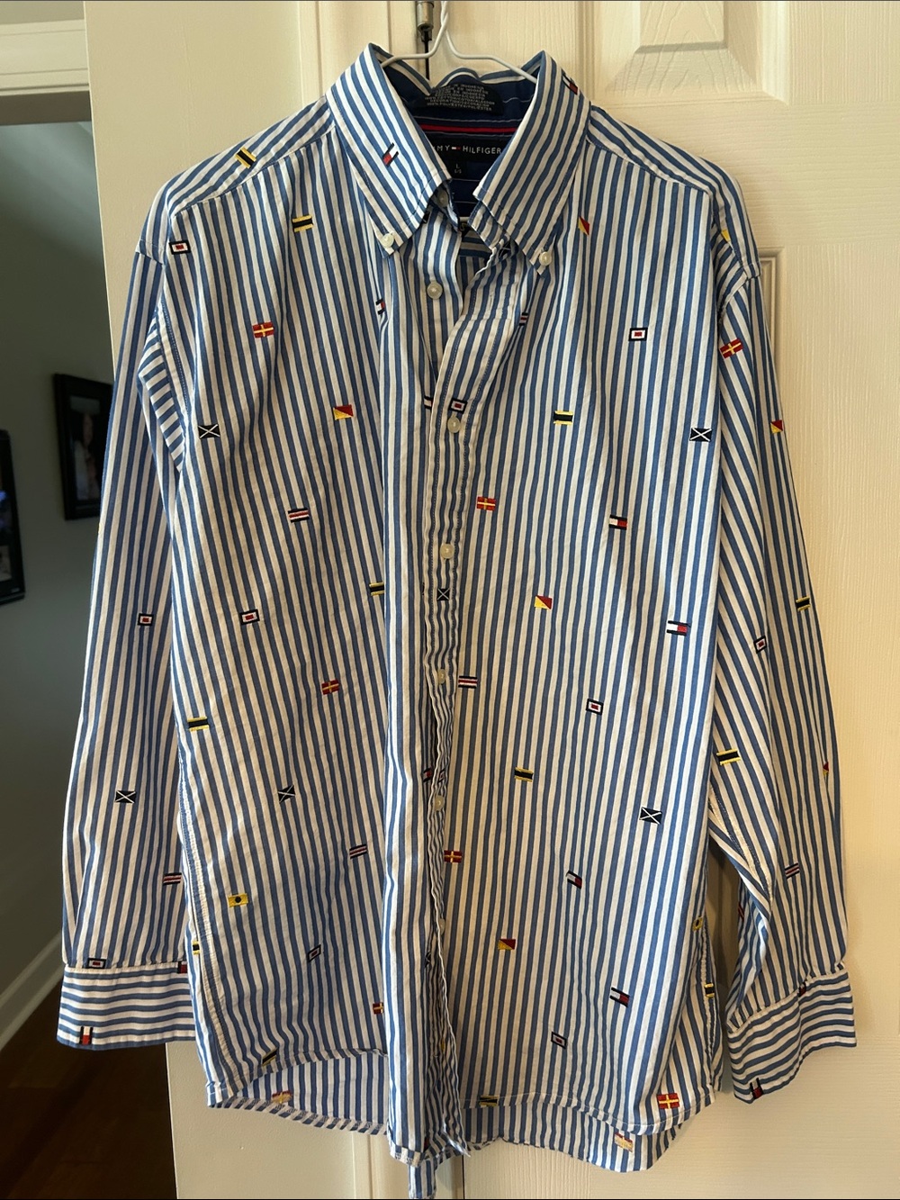 Tommy Hilfiger Men’s Blue Stripe Button-Up Shirt with Nautical Flags